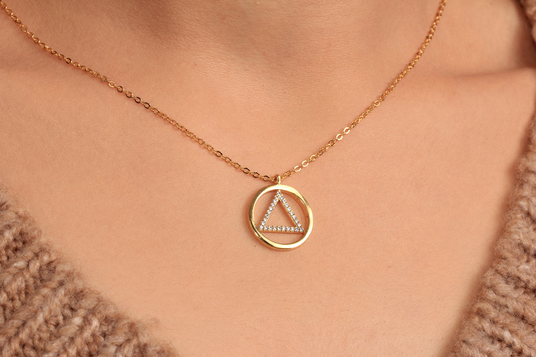Cubic Zirconia Triangle Pendant Necklace, Micro Pave White Stone Circle Charm Necklace, Elegant Necklace, JN5-9