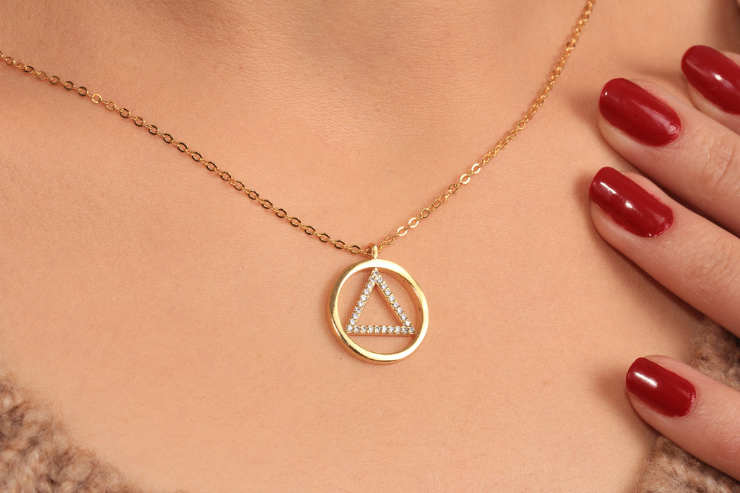 Cubic Zirconia Triangle Pendant Necklace, Micro Pave White Stone Circle Charm Necklace, Elegant Necklace, JN5-9