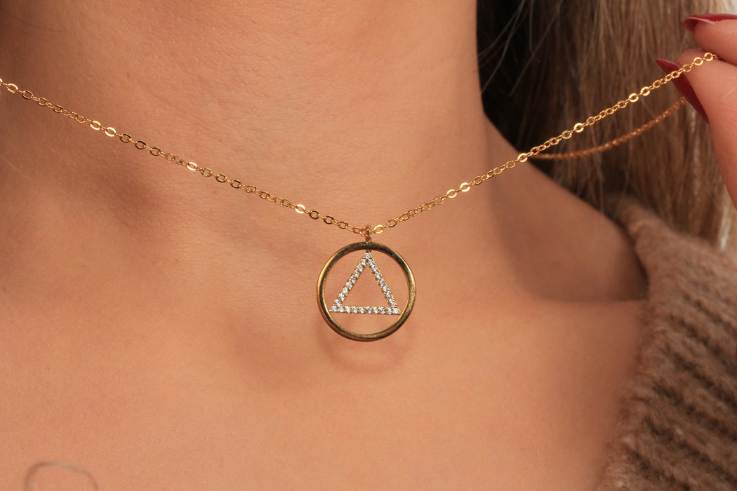 Cubic Zirconia Triangle Pendant Necklace, Micro Pave White Stone Circle Charm Necklace, Elegant Necklace, JN5-9