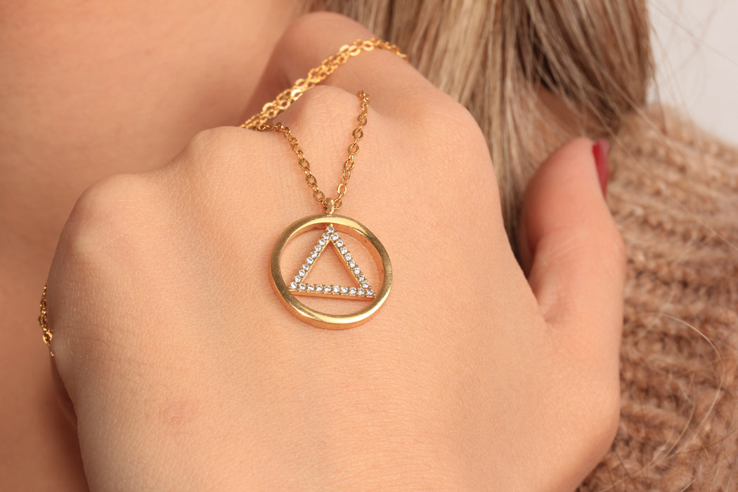 Cubic Zirconia Triangle Pendant Necklace, Micro Pave White Stone Circle Charm Necklace, Elegant Necklace, JN5-9