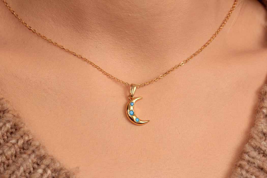 CZ Moon Pendant Necklace, Micro Pave Turquoise Stone Charm Necklace, Minimalist Necklace, CZ Elegant Necklace, JN5-12