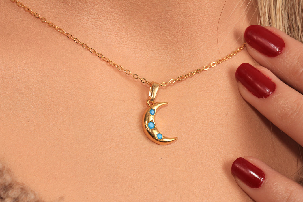 CZ Moon Pendant Necklace, Micro Pave Turquoise Stone Charm Necklace, Minimalist Necklace, CZ Elegant Necklace, JN5-12
