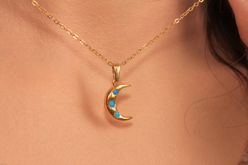 CZ Moon Pendant Necklace, Micro Pave Turquoise Stone Charm Necklace, Minimalist Necklace, CZ Elegant Necklace, JN5-12
