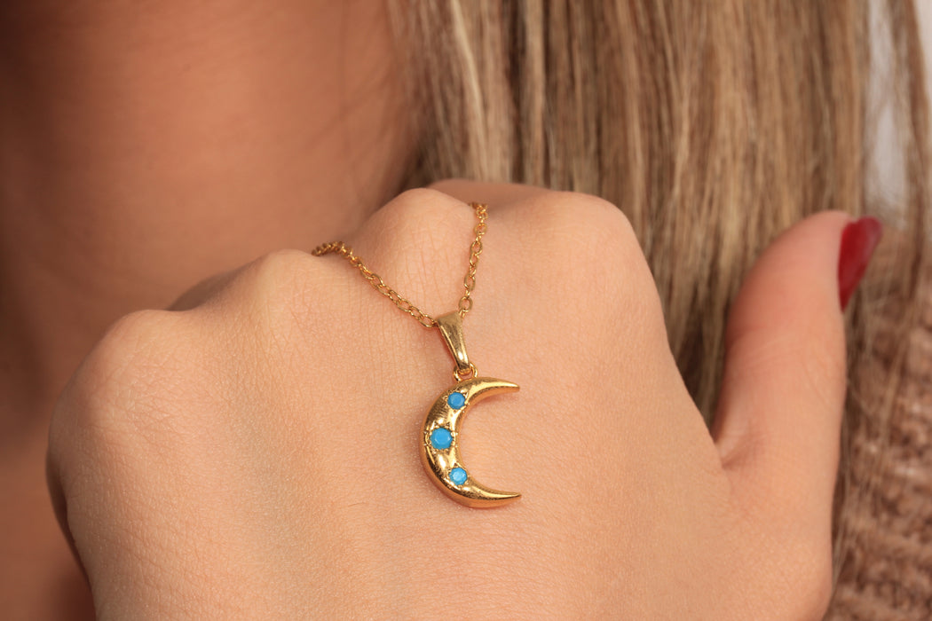 CZ Moon Pendant Necklace, Micro Pave Turquoise Stone Charm Necklace, Minimalist Necklace, CZ Elegant Necklace, JN5-12