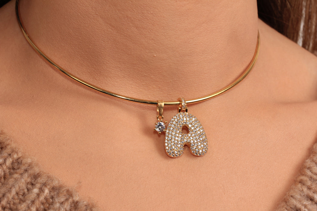 Cubic Zirconia Letter Charm Necklace, Micro Pave Letter Pendant Necklace, Custom Letter Necklace, Wire Choker Necklace Necklace, JN5-13