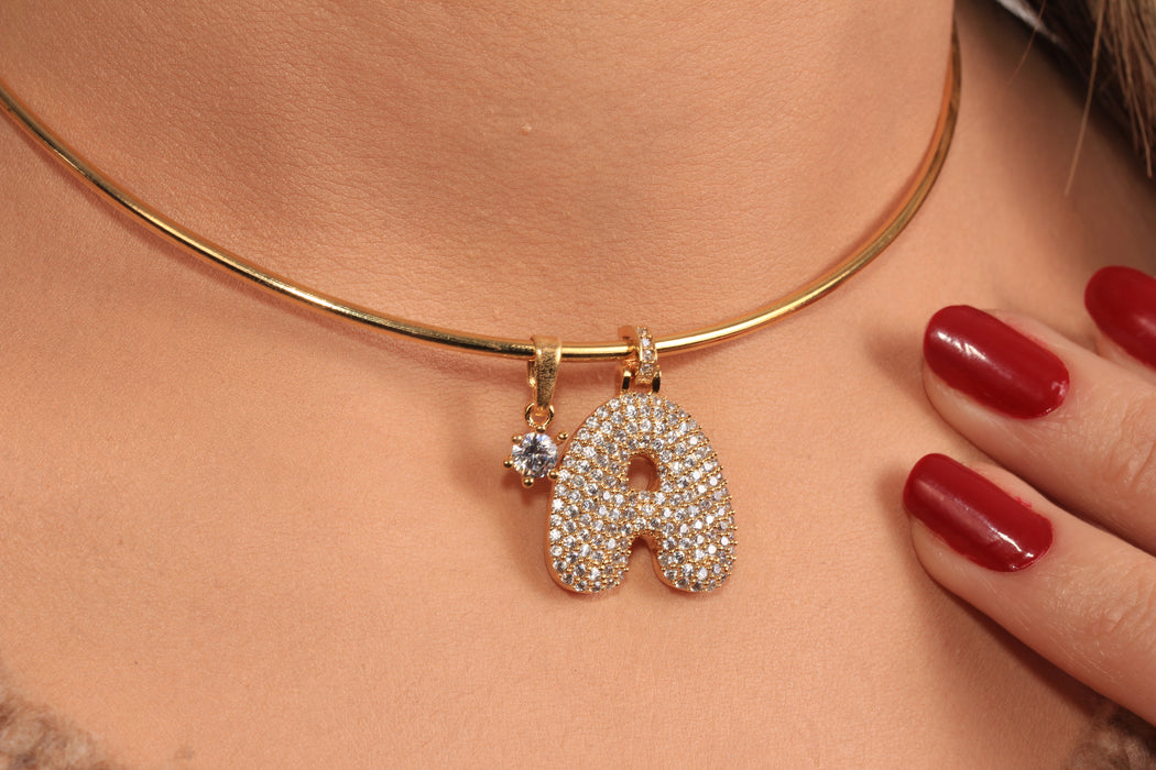 Cubic Zirconia Letter Charm Necklace, Micro Pave Letter Pendant Necklace, Custom Letter Necklace, Wire Choker Necklace Necklace, JN5-13