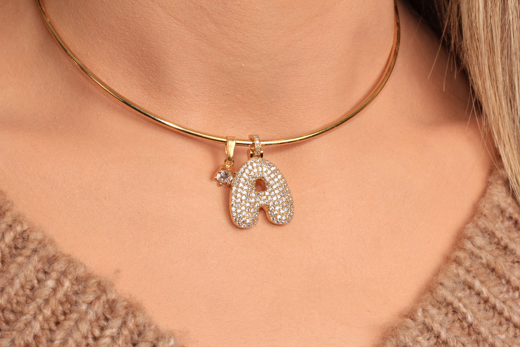Cubic Zirconia Letter Charm Necklace, Micro Pave Letter Pendant Necklace, Custom Letter Necklace, Wire Choker Necklace Necklace, JN5-13