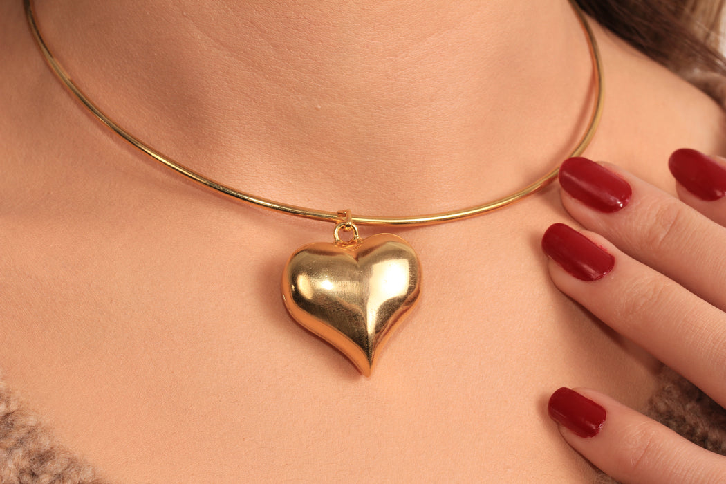Puffed Heart Charm Necklace, Heart Medallion Pendant Necklace, Love Necklace, Wire Choker Necklace, Everyday Necklace, JN5-14
