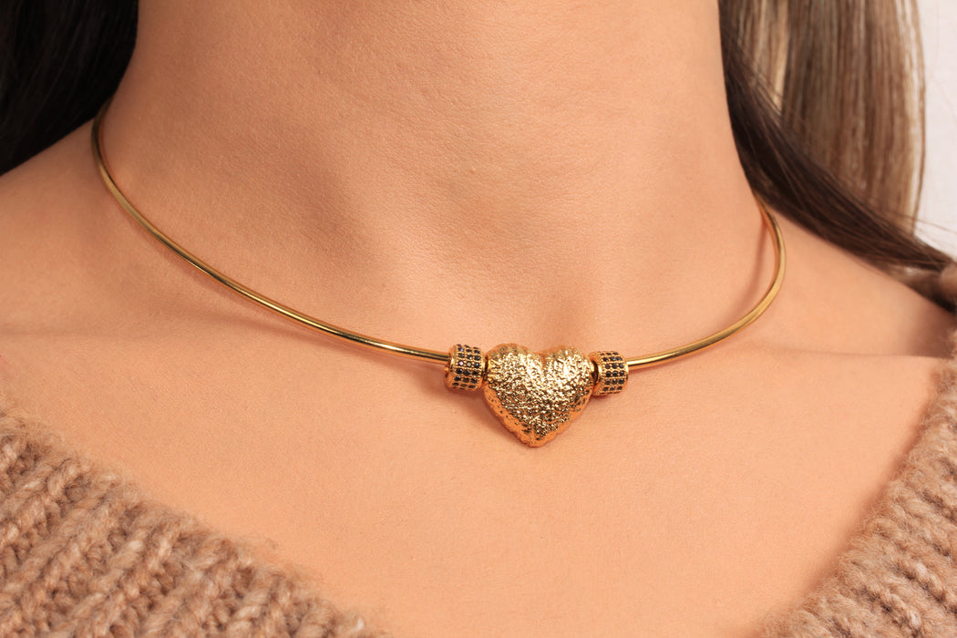 Puffed Heart Charm Necklace, Hammered Heart Pendant Necklace, Micro Pave Love Necklace, Wire Choker Necklace, Everyday Necklace, JN5-15