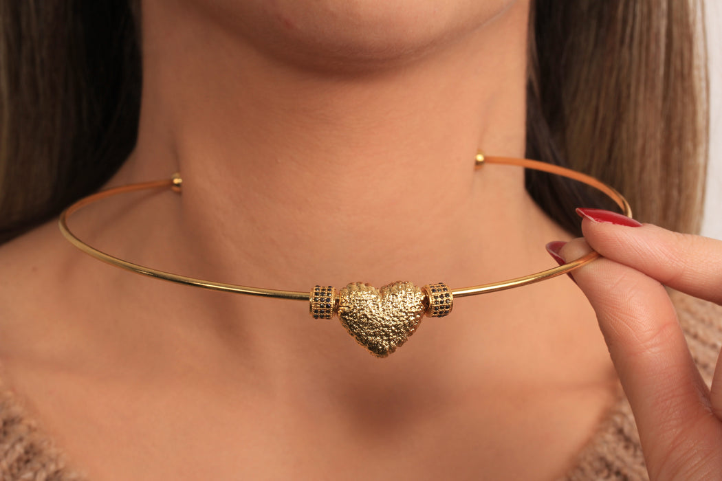 Puffed Heart Charm Necklace, Hammered Heart Pendant Necklace, Micro Pave Love Necklace, Wire Choker Necklace, Everyday Necklace, JN5-15