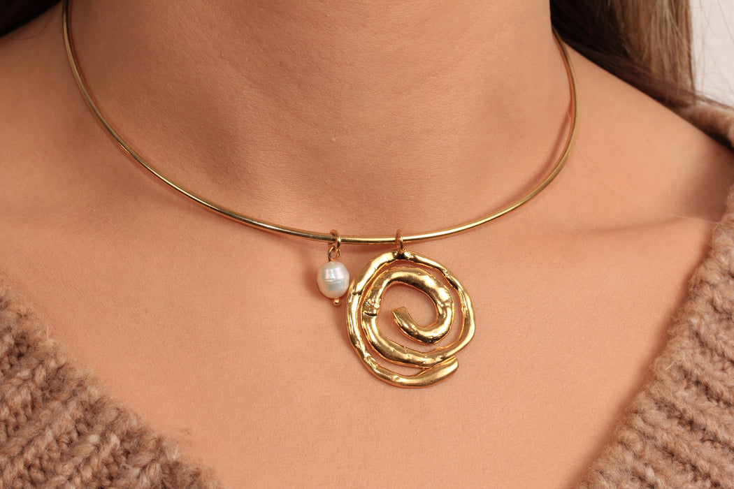 Seashell Necklace With Pearl Charm, Large Spiral Shell Pendant Necklace, Wire Choker, Summer Necklace, JN5-17