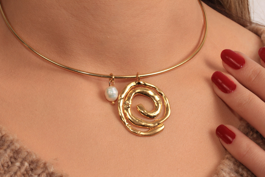 Seashell Necklace With Pearl Charm, Large Spiral Shell Pendant Necklace, Wire Choker, Summer Necklace, JN5-17