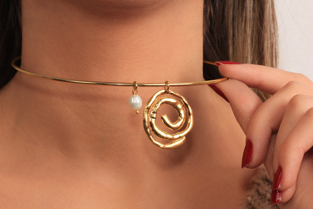 Seashell Necklace With Pearl Charm, Large Spiral Shell Pendant Necklace, Wire Choker, Summer Necklace, JN5-17