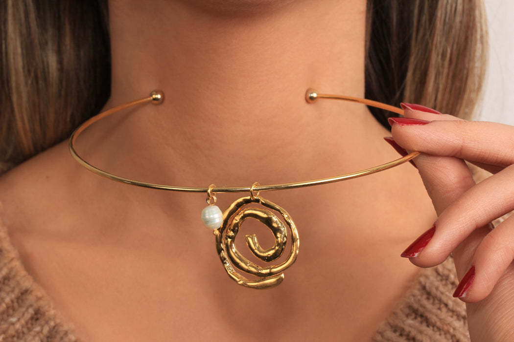 Seashell Necklace With Pearl Charm, Large Spiral Shell Pendant Necklace, Wire Choker, Summer Necklace, JN5-17