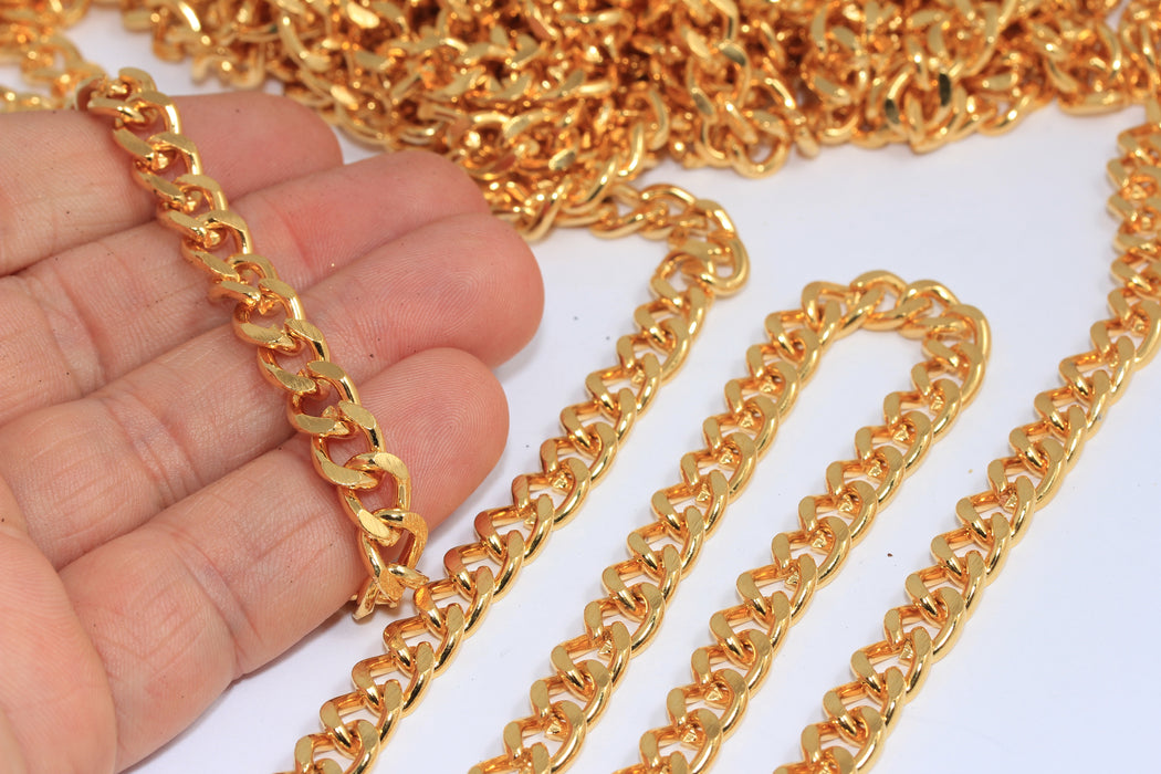 7,8mm 24k Shiny Gold Plated Gold Faceted Chain, Thick Strong Curb Chain, BXB372-6