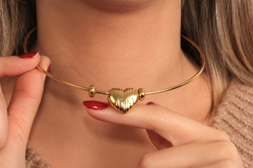 Puffed Heart Charm Necklace, Hammered Heart Pendant Necklace, Love Necklace, Wire Choker Necklace, Everyday Necklace, JN5-18