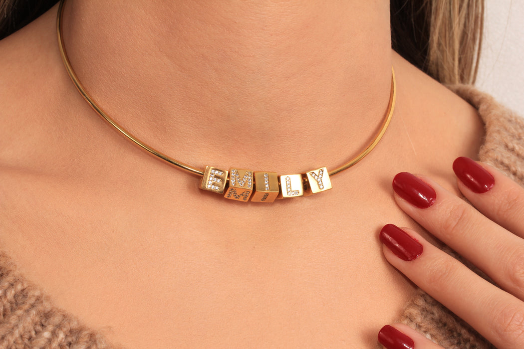 Cubic Zirconia Name Necklace, Micro Pave Cube Letter Charm Necklace, Custom Name Necklace, Wire Choker Necklace, JN5-19