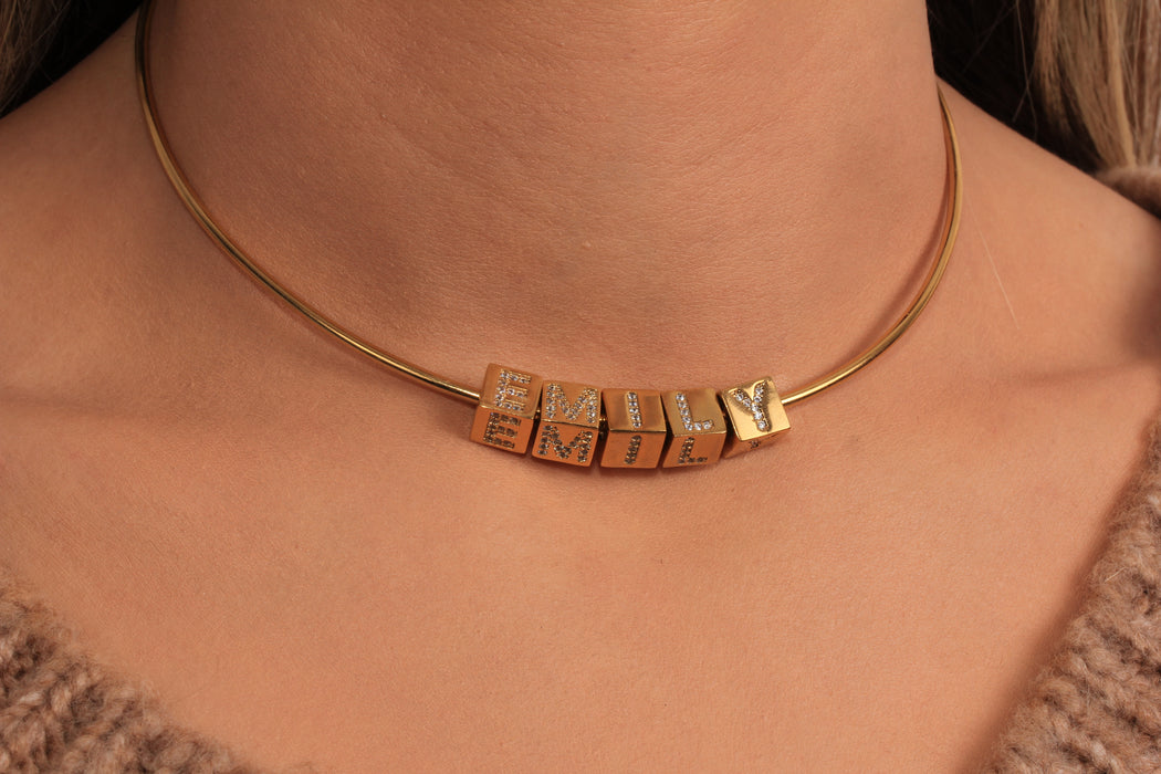 Cubic Zirconia Name Necklace, Micro Pave Cube Letter Charm Necklace, Custom Name Necklace, Wire Choker Necklace, JN5-19