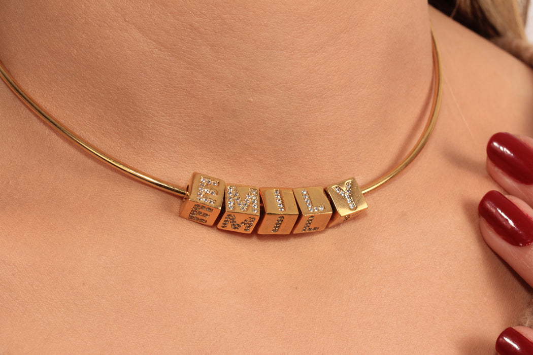 Cubic Zirconia Name Necklace, Micro Pave Cube Letter Charm Necklace, Custom Name Necklace, Wire Choker Necklace, JN5-19