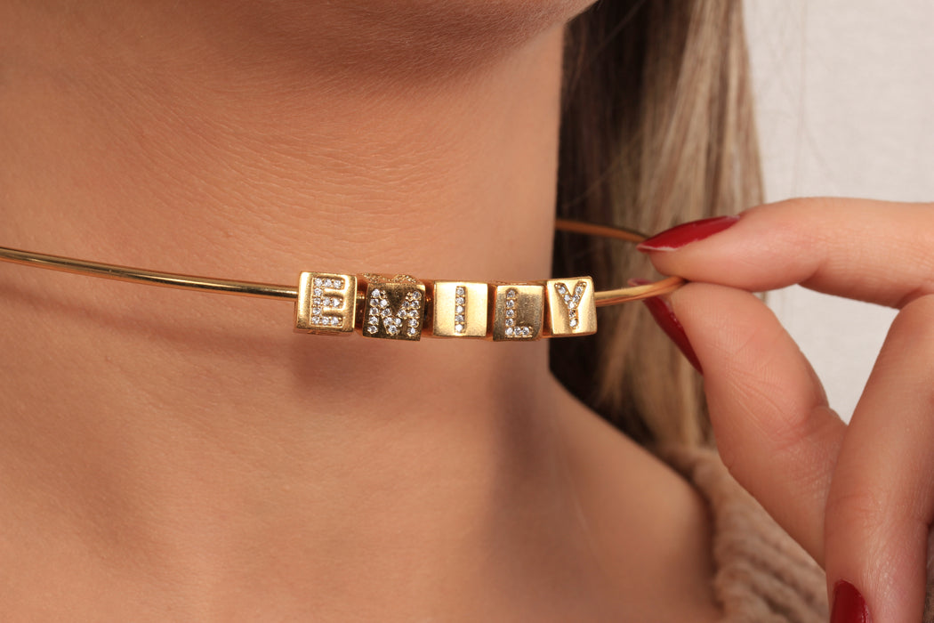Cubic Zirconia Name Necklace, Micro Pave Cube Letter Charm Necklace, Custom Name Necklace, Wire Choker Necklace, JN5-19