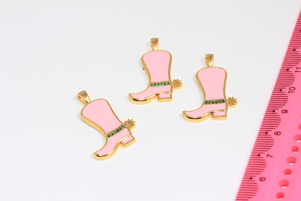 12x20mm 24k Shiny Gold CZ Boot Charms, Light Pink Enamel Cowboy Boots Pendant, Micro Pave Boot Charms, ROSE372