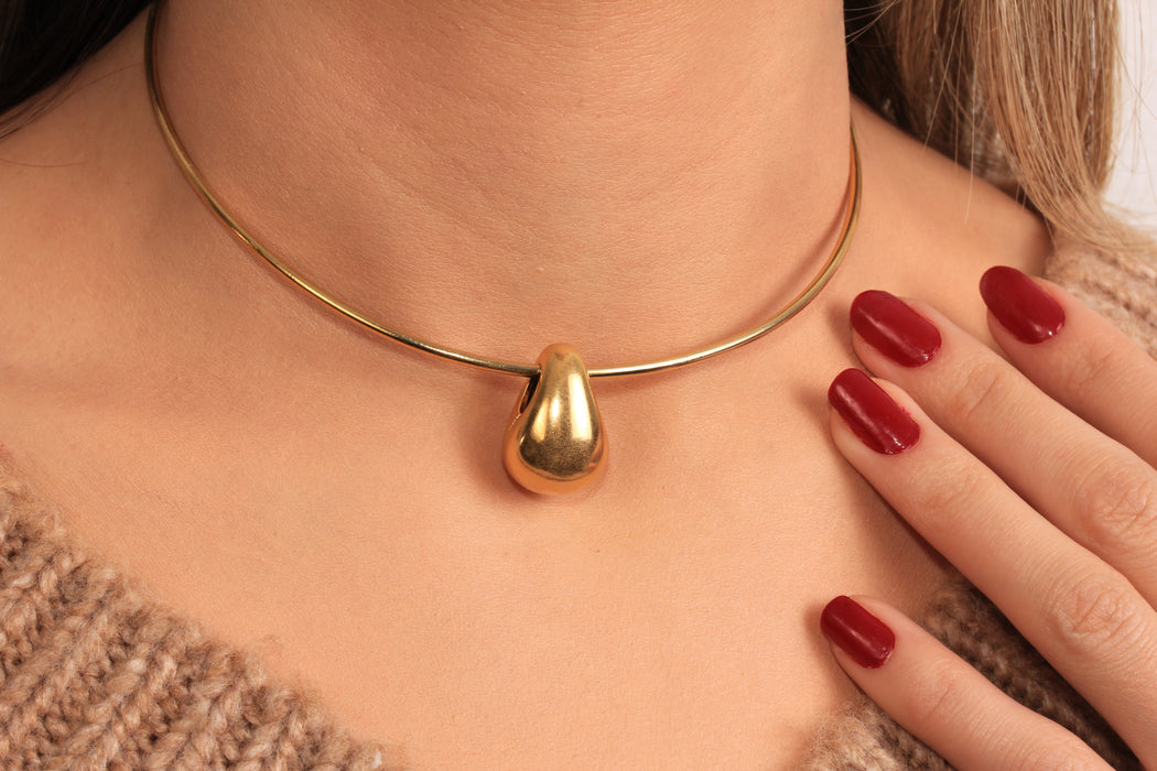 Puffed Teardrop Pendant Necklace, Drop Charm Necklace, Wire Choker Necklace, Everyday Necklace, JN5-20
