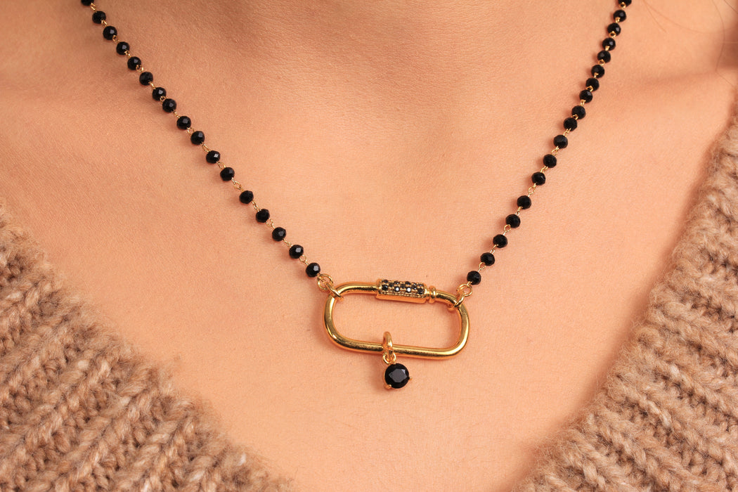 Dainty Beaded Necklace, Minimalist Black Stone Necklace, Micro Pave Carabiner Clasp Necklace, Black Rosary Necklace, JN5-22