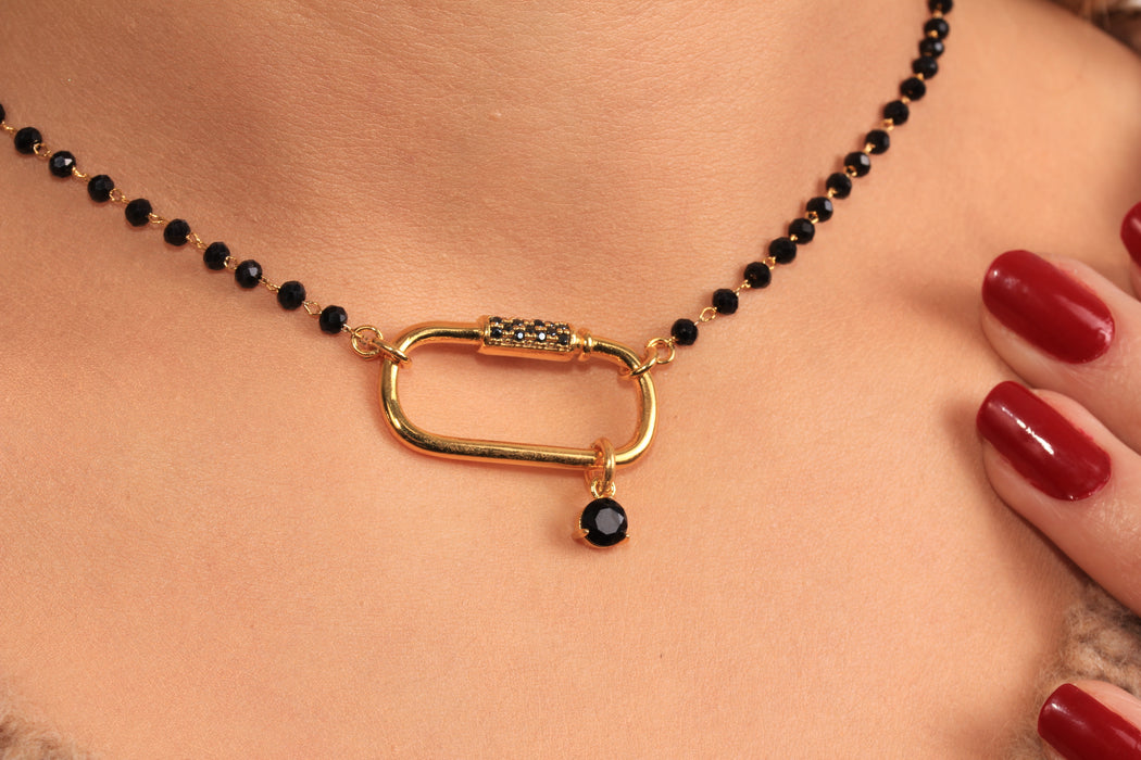 Dainty Beaded Necklace, Minimalist Black Stone Necklace, Micro Pave Carabiner Clasp Necklace, Black Rosary Necklace, JN5-22