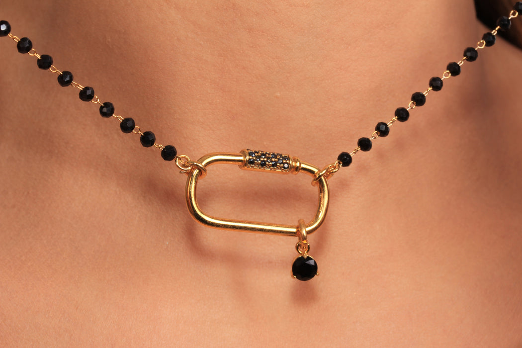 Dainty Beaded Necklace, Minimalist Black Stone Necklace, Micro Pave Carabiner Clasp Necklace, Black Rosary Necklace, JN5-22