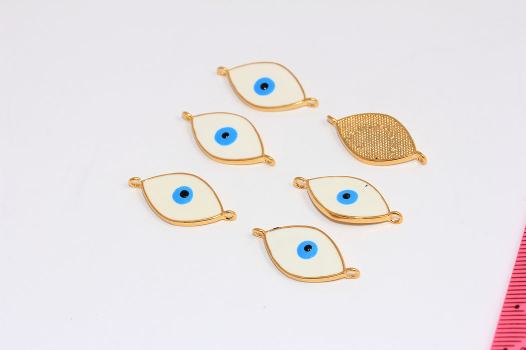 11,5x25mm 24k Shiny Gold Evil Eye Connector Charms, White Enamel Evil Eye Charms, MLS317