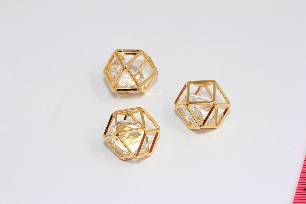 15mm 24k Shiny Gold CZ Open Cube Charm, 3D Cube Charms, Prism Charms With Stone,  MTE960