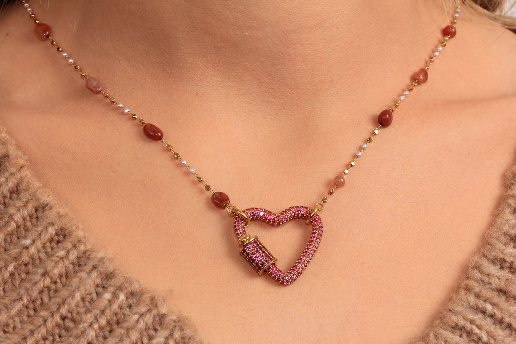 Cubic Zirconia Heart Screw Clasp Necklace, Micro Pave Purple Stone Heart Necklace, Stone Beaded Necklace, JN5-24