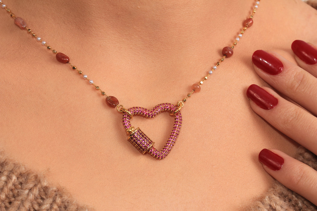 Cubic Zirconia Heart Screw Clasp Necklace, Micro Pave Purple Stone Heart Necklace, Stone Beaded Necklace, JN5-24