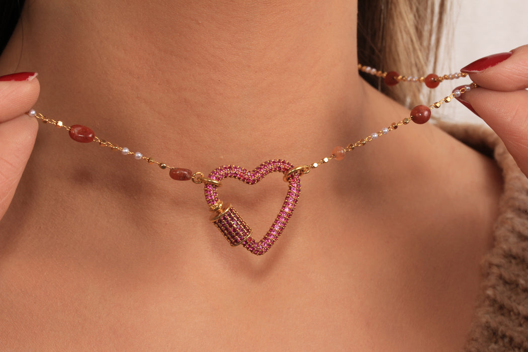 Cubic Zirconia Heart Screw Clasp Necklace, Micro Pave Purple Stone Heart Necklace, Stone Beaded Necklace, JN5-24