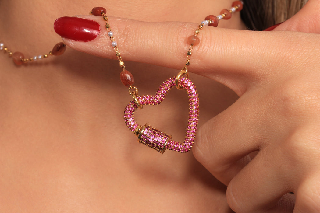 Cubic Zirconia Heart Screw Clasp Necklace, Micro Pave Purple Stone Heart Necklace, Stone Beaded Necklace, JN5-24
