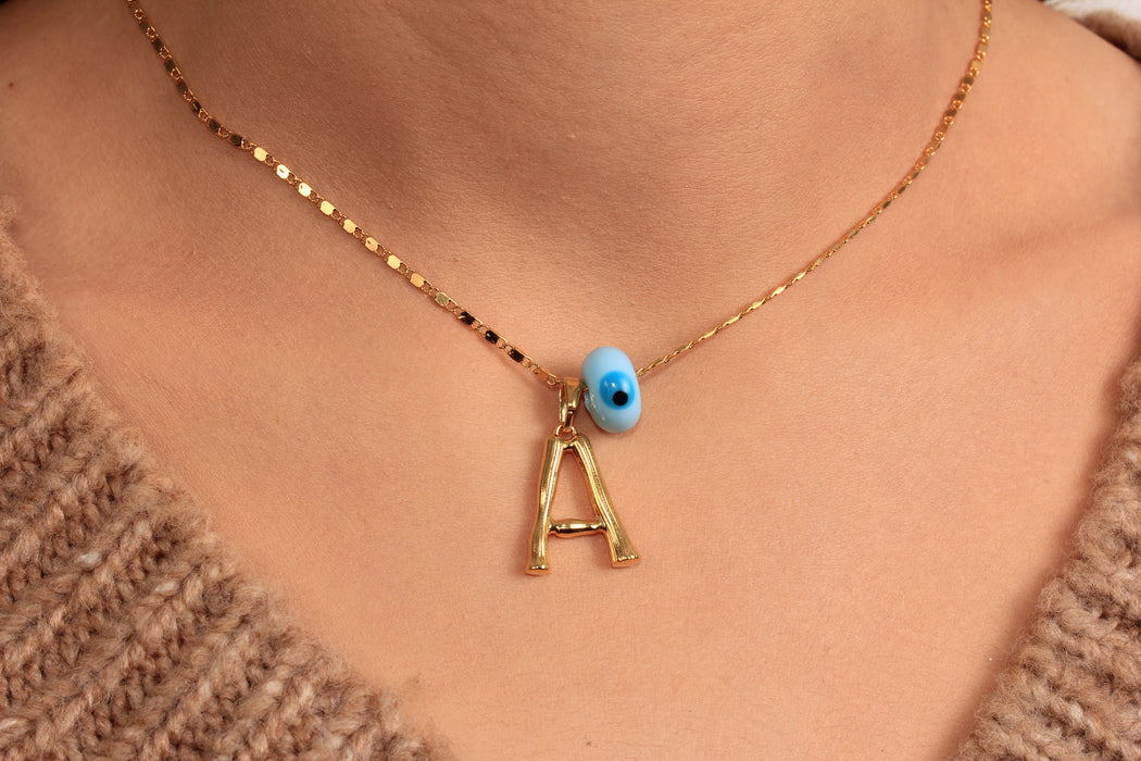 Dainty Evil Eye Necklace, Blue Enamel Charm Necklace, Custom Letter Necklace, Everyday Necklace, JN5-25