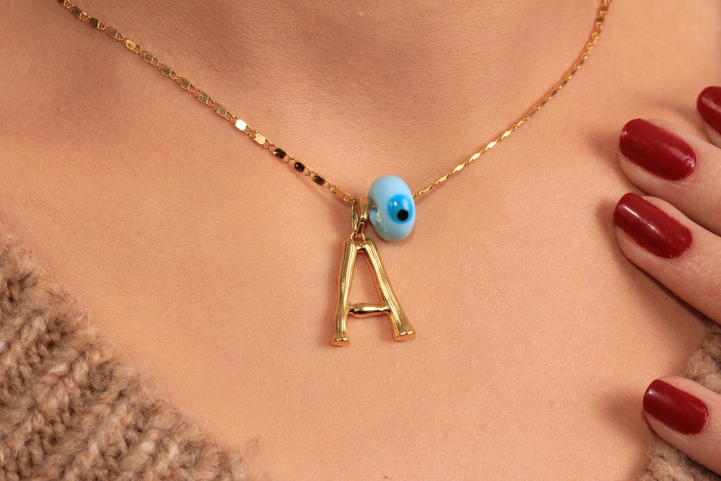 Dainty Evil Eye Necklace, Blue Enamel Charm Necklace, Custom Letter Necklace, Everyday Necklace, JN5-25