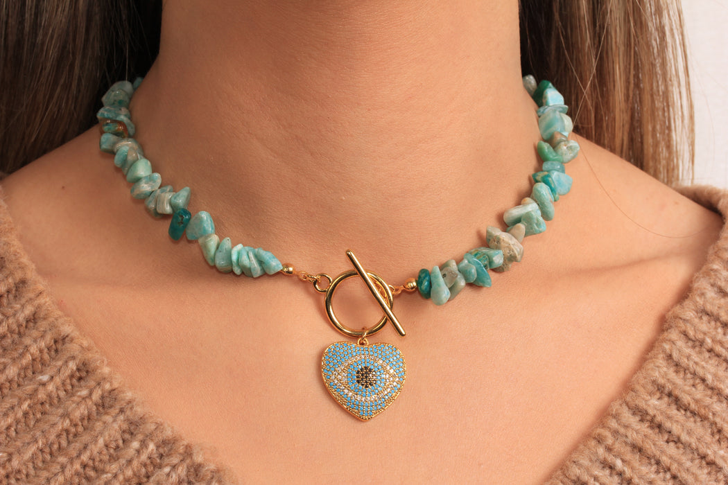 Blue Stone Beaded Necklace, Micro Pave Turquoise Stone Heart Pendant Necklace, Toggle Clasp Necklace, Natural Stone Necklace, JN5-28