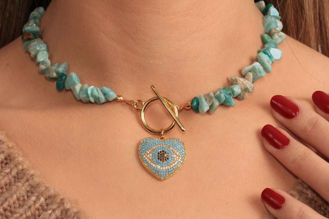 Blue Stone Beaded Necklace, Micro Pave Turquoise Stone Heart Pendant Necklace, Toggle Clasp Necklace, Natural Stone Necklace, JN5-28