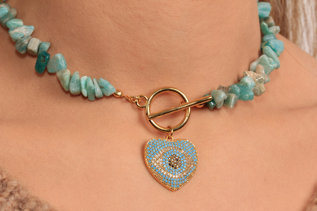 Blue Stone Beaded Necklace, Micro Pave Turquoise Stone Heart Pendant Necklace, Toggle Clasp Necklace, Natural Stone Necklace, JN5-28
