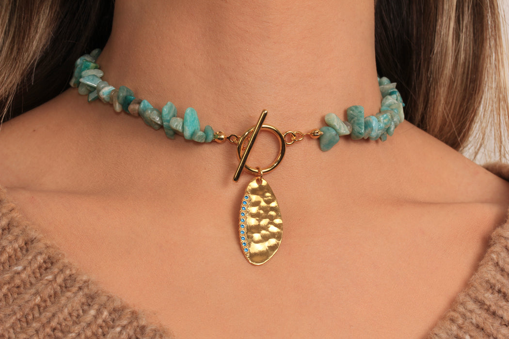 Blue Stone Beaded Necklace, Micro Pave Turquoise Stone Leaf Pendant Necklace, Toggle Clasp Necklace, Natural Stone Necklace, JN5-29