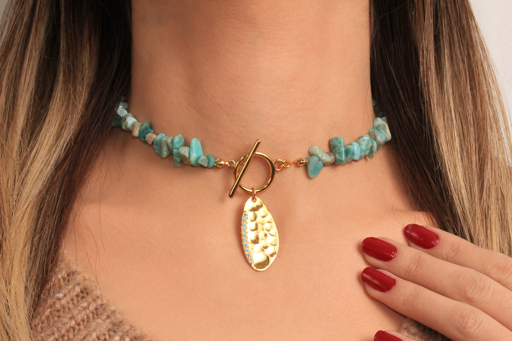 Blue Stone Beaded Necklace, Micro Pave Turquoise Stone Leaf Pendant Necklace, Toggle Clasp Necklace, Natural Stone Necklace, JN5-29