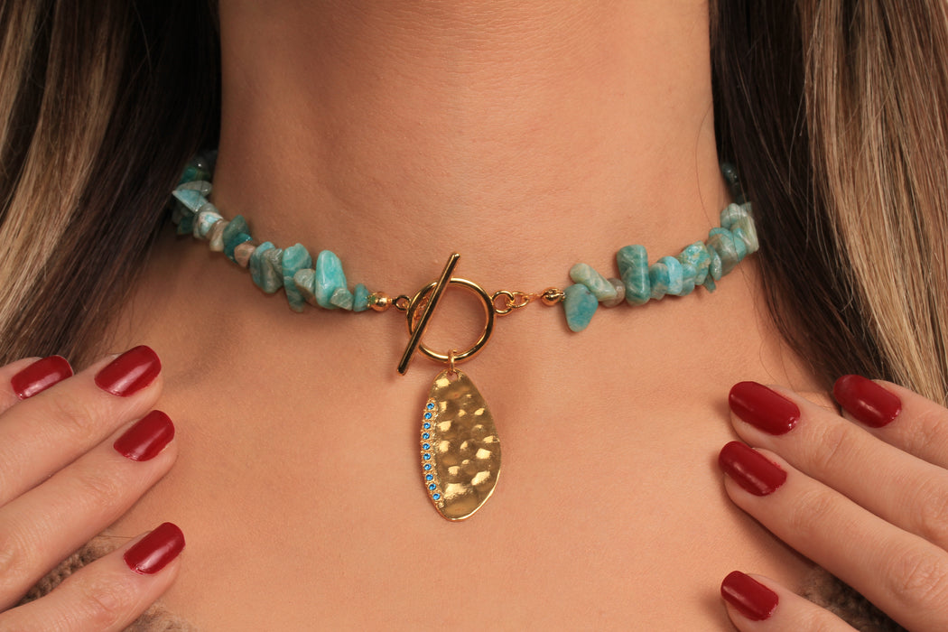 Blue Stone Beaded Necklace, Micro Pave Turquoise Stone Leaf Pendant Necklace, Toggle Clasp Necklace, Natural Stone Necklace, JN5-29