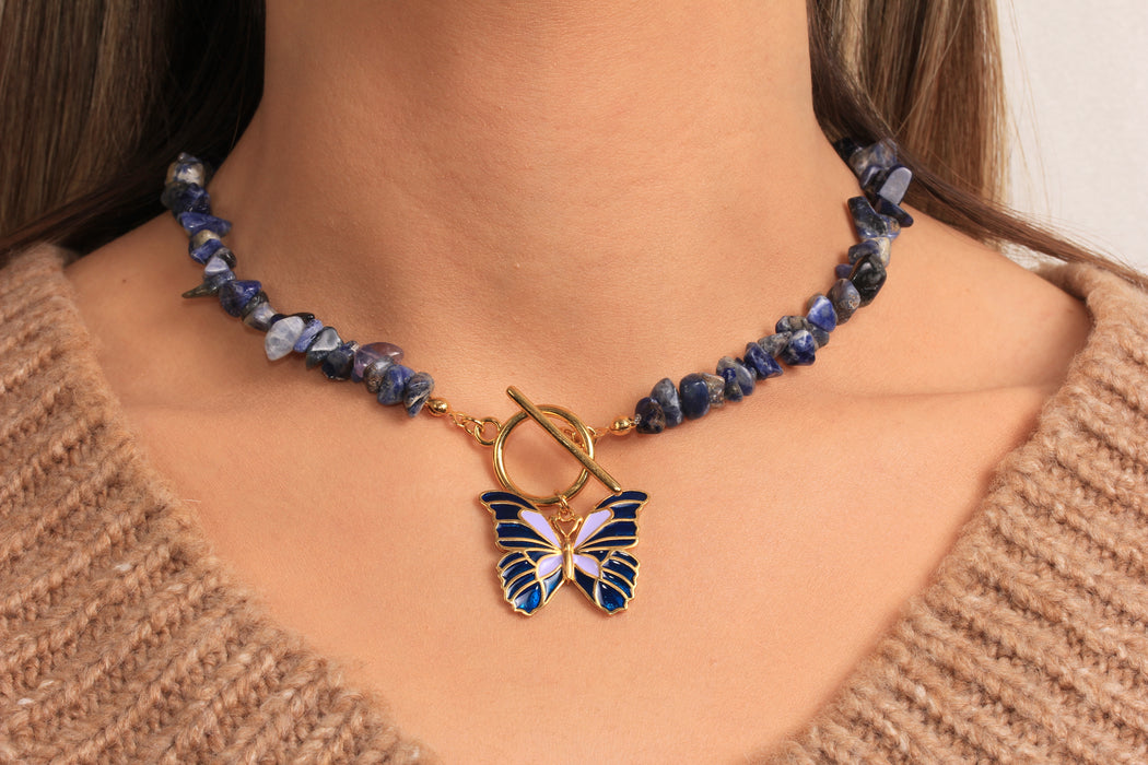 Blue Stone Beaded Necklace, Blue Enamel Butterfly Pendant Necklace, Toggle Clasp Necklace, Natural Stone Necklace, JN5-30