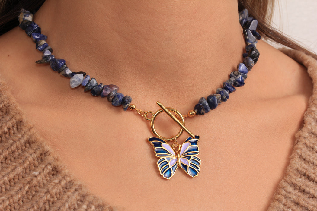 Blue Stone Beaded Necklace, Blue Enamel Butterfly Pendant Necklace, Toggle Clasp Necklace, Natural Stone Necklace, JN5-30