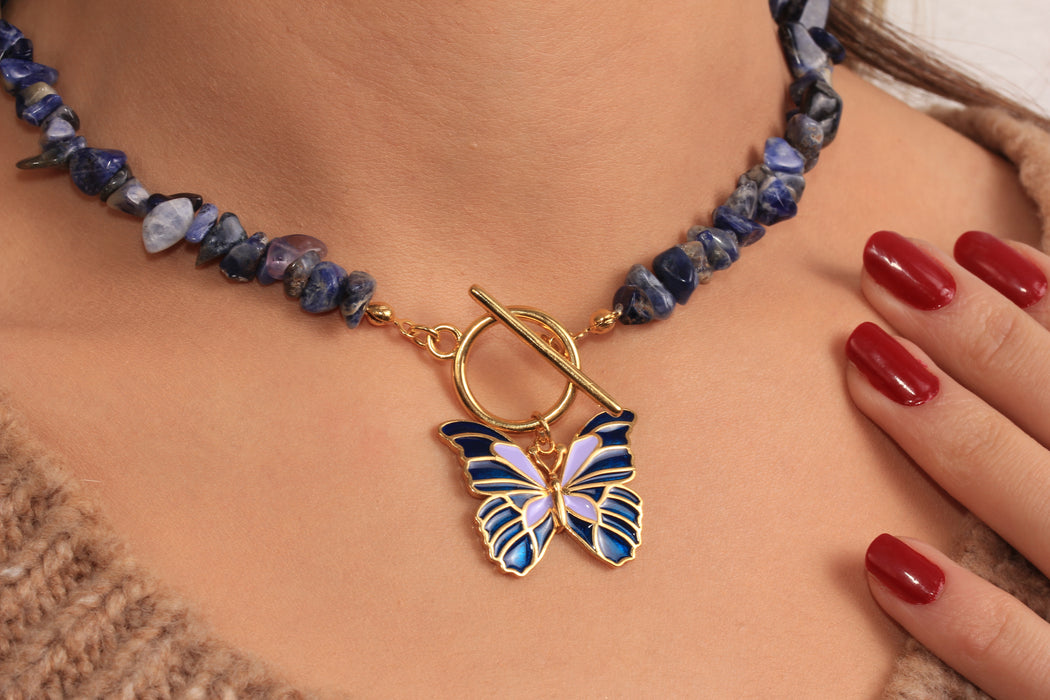 Blue Stone Beaded Necklace, Blue Enamel Butterfly Pendant Necklace, Toggle Clasp Necklace, Natural Stone Necklace, JN5-30