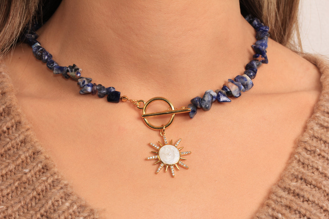 Blue Stone Beaded Necklace, Micro Pave White Stone Sun Pendant Necklace, Toggle Clasp Necklace, Natural Stone Necklace, JN5-31
