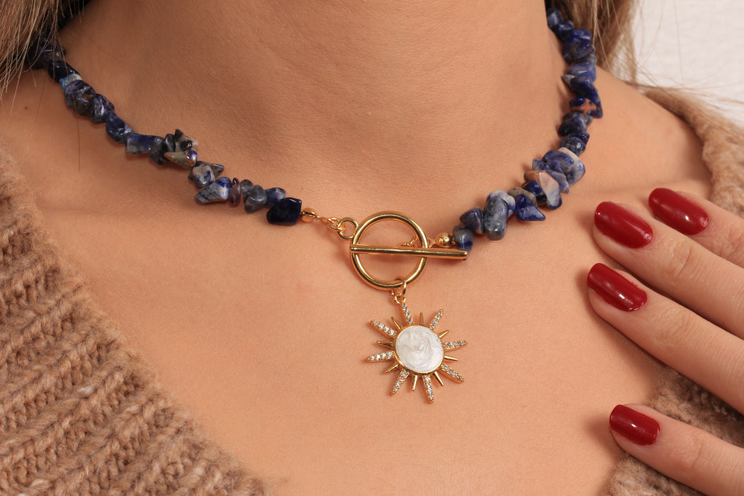 Blue Stone Beaded Necklace, Micro Pave White Stone Sun Pendant Necklace, Toggle Clasp Necklace, Natural Stone Necklace, JN5-31
