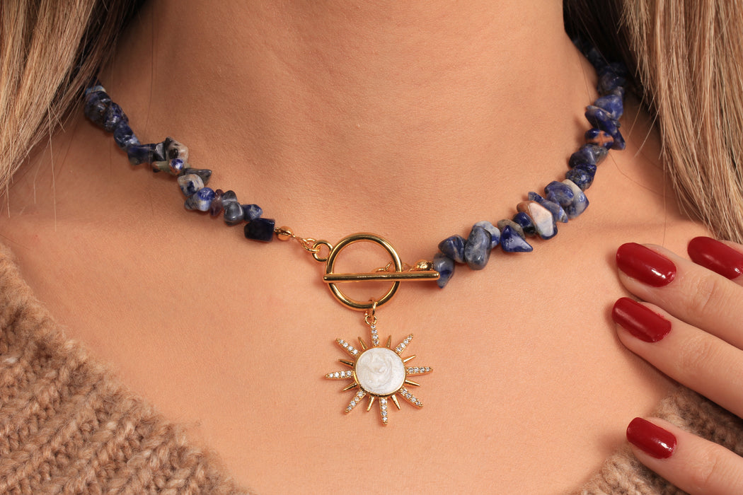 Blue Stone Beaded Necklace, Micro Pave White Stone Sun Pendant Necklace, Toggle Clasp Necklace, Natural Stone Necklace, JN5-31