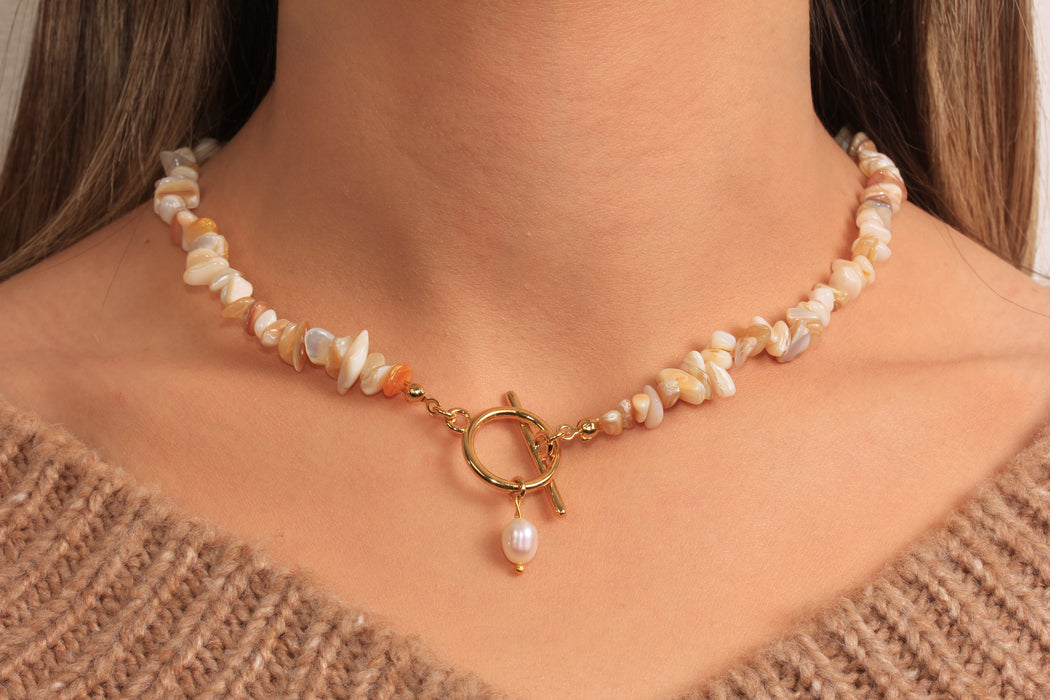 White Stone Beaded Necklace, Pearl Necklace, Toggle Clasp Necklace, Natural Stone Necklace, Everyday Necklace, JN5-32